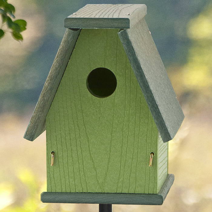 Going Green™ A-Frame Bluebird House: Sturdy birdhouse with a front entry hole, barn-like roof for rain runoff, and bottom mount for easy installation.