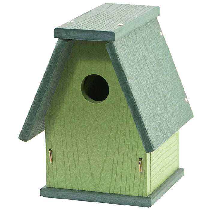 Going Green™ A-Frame Bluebird House with a hole, sturdy barn-like roof, and built-in ventilation. Front panel opens for cleaning, mounts on poles or flat surfaces.