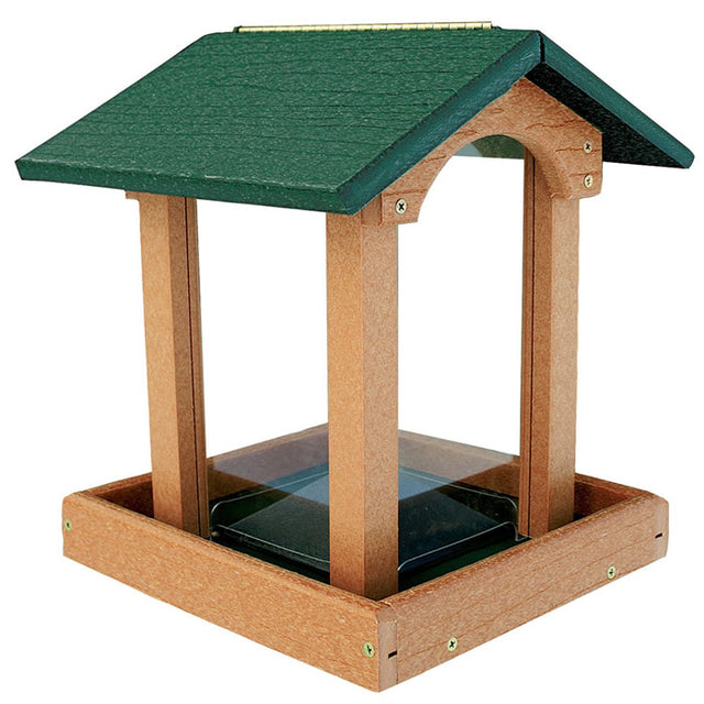 Going Green Tall Hopper Feeder with a green roof, holding 9 lbs. of seed. Features feeding from all sides, clear seed viewing, and weather protection.