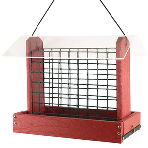 Going Green Peanut or Cake Feeder, Red, features a sturdy red design with a clear roof, wire mesh sides, and a hanging cable for easy bird feeding.