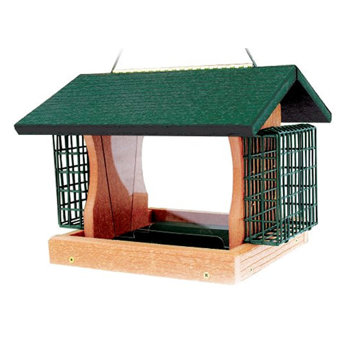 Going Green® Large Premier Feeder with Suet Cages: A bird feeder with a green roof, clear panels, and space for suet cakes, designed for various bird sizes.