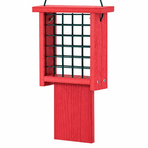 Red recycled plastic tail prop suet feeder with black metal mesh cage, extended woodpecker tail support, and hanging wire on a clean white background.
