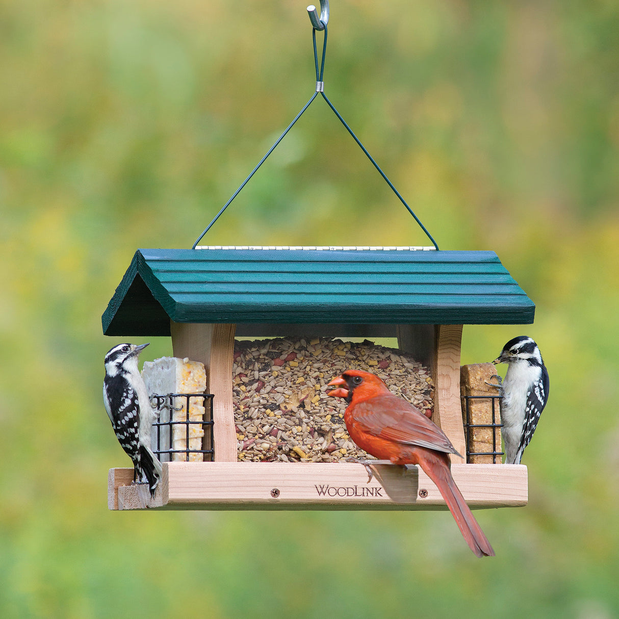 Large Cedar Hopper with Suet Cages, featuring birds feeding from all sides. Includes suet cages, clear panels, and a green roof. Made from weather-resistant cedar.