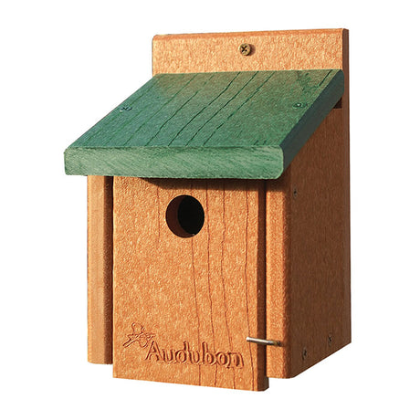 Woodlink Going Green™ Wren House with green roof, 1-inch entry hole, recycled plastic, built-in ventilation, and drainage for a comfortable nesting environment.