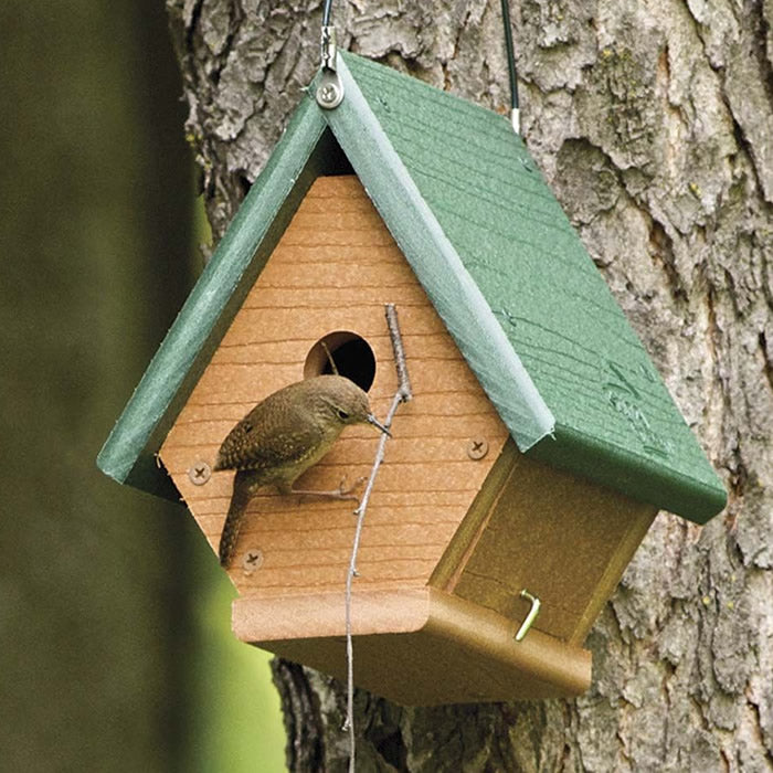 Going Green™ Wren House showing a bird perched inside, demonstrating the cozy, predator-safe nesting area with a 1-1/8 inch entry hole and easy-clean side panel.