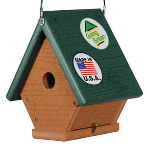 Going Green™ Wren House with a sticker, featuring steeply slanting sides and a 1-1/8 inch entry hole, perfect for safe and dry wren nesting.