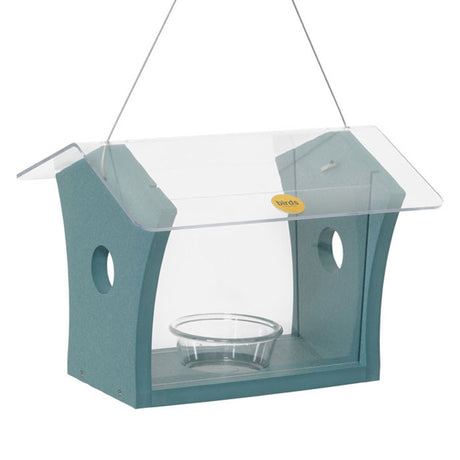 Bluebird Feeder in Blue Recycled Plastic with clear container, two plexiglass sides, and a removable 3 oz. dish for serving mealworms.