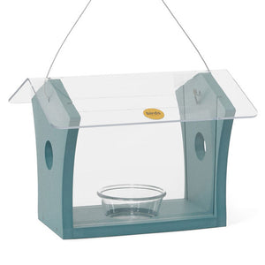 Bluebird Feeder in Blue Recycled Plastic, featuring a clear container with two side entrances, a protective roof, and a 3 oz. capacity dish for mealworms.