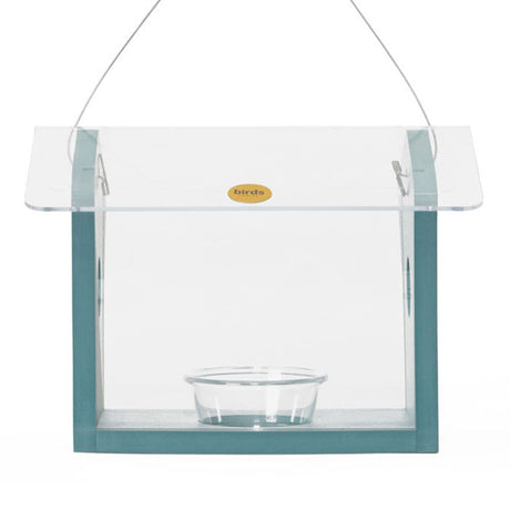 Bluebird Feeder in Blue Recycled Plastic with a clear container and roof, featuring side entrances for bluebirds and a removable dish for mealworms.