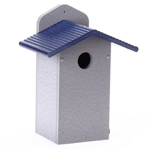 Bluebird House Gray with Blue Roof featuring a side open panel for easy cleaning, extended roof for weather protection, and 1-1/2 inch entry hole.