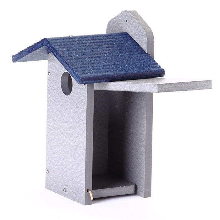 Bluebird House Gray with Blue Roof featuring side panel for easy cleaning, overhang roof for weather protection, and a 1.5-inch entry hole.