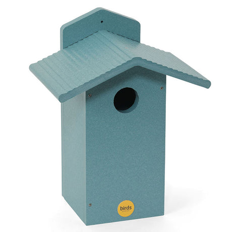 Bluebird House, Lake Blue with a roof, side door for viewing and cleaning, made from durable recycled plastic.