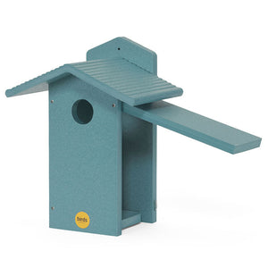 Bluebird House, Lake Blue, with a side door open for viewing and cleaning; made of durable recycled plastic, easy to mount on any flat surface.