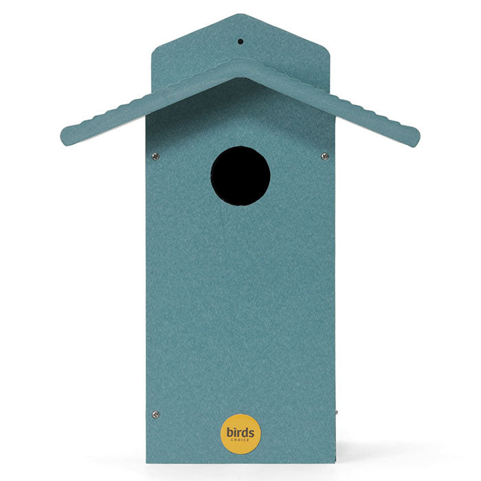 Bluebird House, Lake Blue, featuring a black entrance hole and a side door for easy access, made from durable, recycled plastic for easy maintenance.