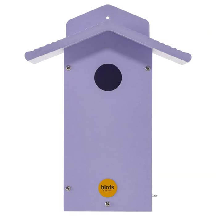 Bluebird House, Purple, durable recycled plastic with a round entrance hole and yellow label, featuring a side door for easy viewing and cleaning.