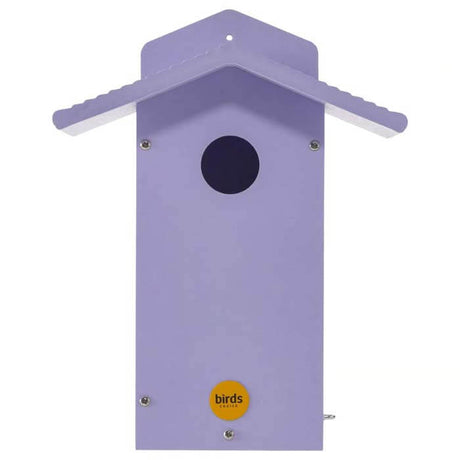 Bluebird House, Purple, durable recycled plastic with a round entrance hole and yellow label, featuring a side door for easy viewing and cleaning.