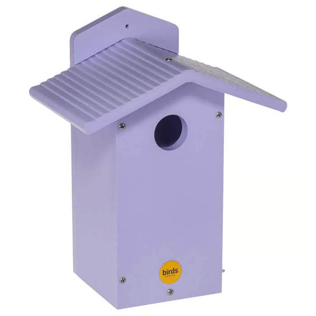 Purple Bluebird House made from durable recycled plastic with a 1-1/2 inch entrance hole and a side door for easy cleaning.