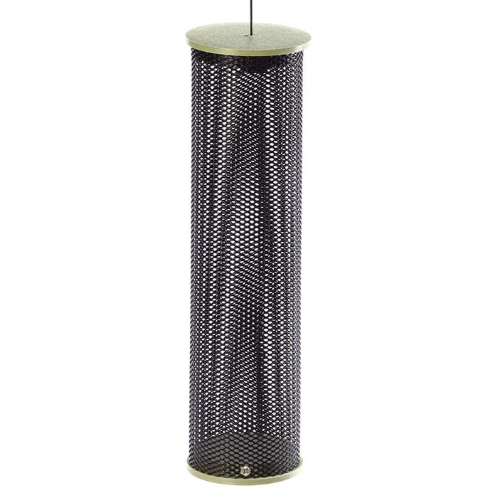 Green Nyjer Mesh Tube Feeder: black mesh cylinder with green ends, designed for finches to cling and feed, made from durable materials with a hanging cable.