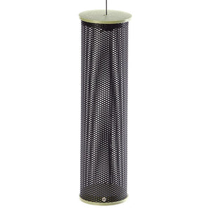 Green Nyjer Mesh Tube Feeder: black mesh cylinder with green ends, designed for finches to cling and feed, made from durable materials with a hanging cable.