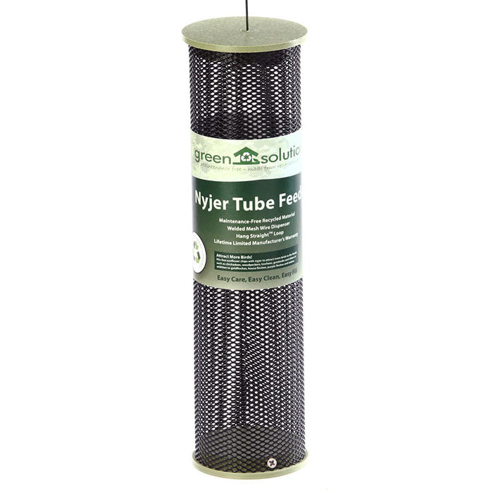 Green Nyjer Mesh Tube Feeder, featuring a durable steel mesh tube with a green top and bottom, designed for clinging birds and easy top filling.