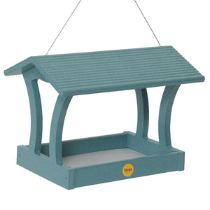 Fly-Thru Bird Feeder, Lake Blue, with a roof and open platform, featuring a durable, perforated steel tray and stainless steel fasteners.