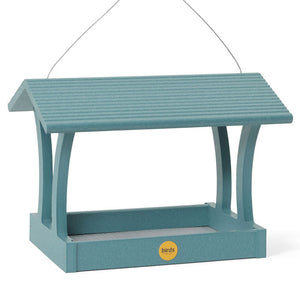 Fly-Thru Bird Feeder with roof, featuring durable perforated steel tray and stainless steel fasteners, made from recycled plastic, ideal for attracting various songbirds.