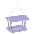 Fly-Thru Bird Feeder, Purple, with a roof, yellow label, and perforated steel tray for drainage; includes hanging cable and measures 13 x 8.75 x 9.5 inches.