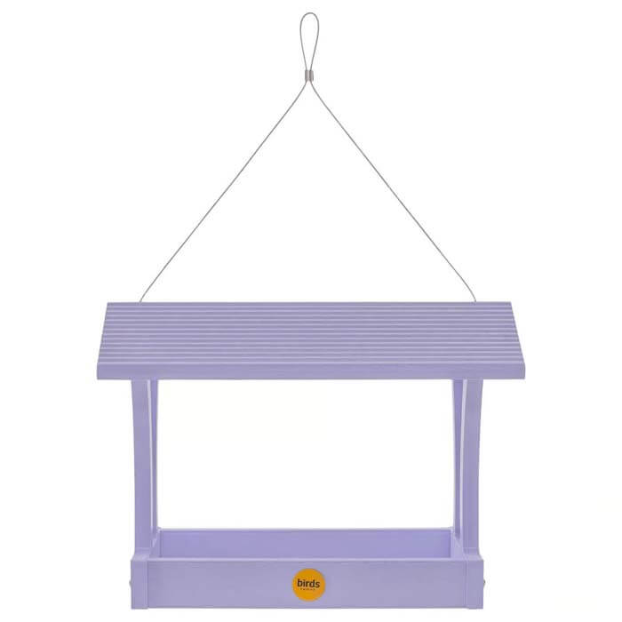 Fly-Thru Bird Feeder with open platform, durable stainless steel fasteners, and perforated steel tray for drainage. Made from recycled plastic, includes hanging cable.