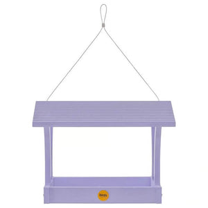 Fly-Thru Bird Feeder with open platform, durable stainless steel fasteners, and perforated steel tray for drainage. Made from recycled plastic, includes hanging cable.