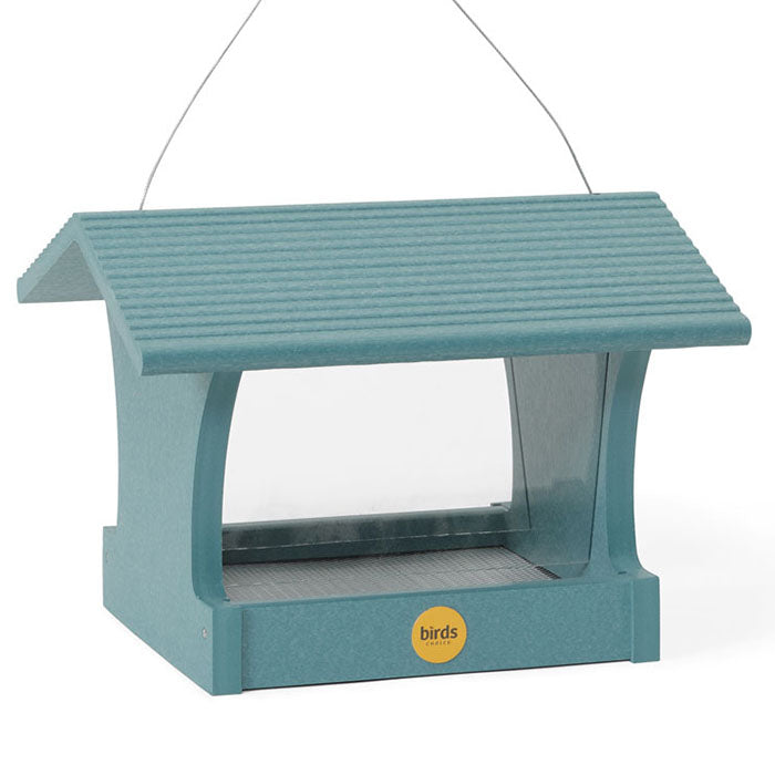 Medium Hopper Bird Feeder, Lake Blue with clear plexi-glass windows, roof, side perching, and metal mesh flooring for drainage. Holds 3 lbs of seed.