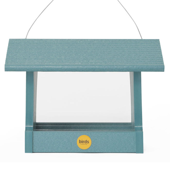 Medium Hopper Bird Feeder, Lake Blue, with clear plexi-glass windows, built-in side perching, and metal mesh flooring for drainage, holding up to 3 lbs. of seed.