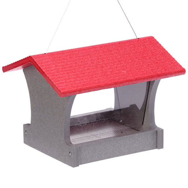 Medium Hopper Bird Feeder, Gray and Red, with plexi-glass windows and built-in perching, holds 3 lbs. of seed. Features a lift roof and metal mesh flooring.