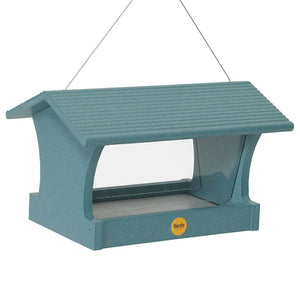 Large Hopper Bird Feeder, Lake Blue with a roof, plexi-glass windows, built-in perches, and metal mesh flooring. Holds up to 4 lbs. of seed.