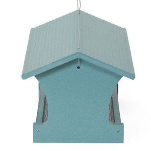 Large Hopper Bird Feeder, Lake Blue, with a covered roof, metal mesh flooring, and plexiglass windows for seed level monitoring.