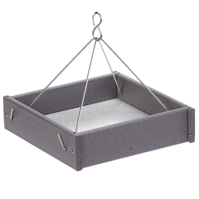 Small Hanging Platform Bird Feeder, Gray, with durable recycled plastic wood and metal mesh tray, featuring stainless steel hanging rods for extra durability.