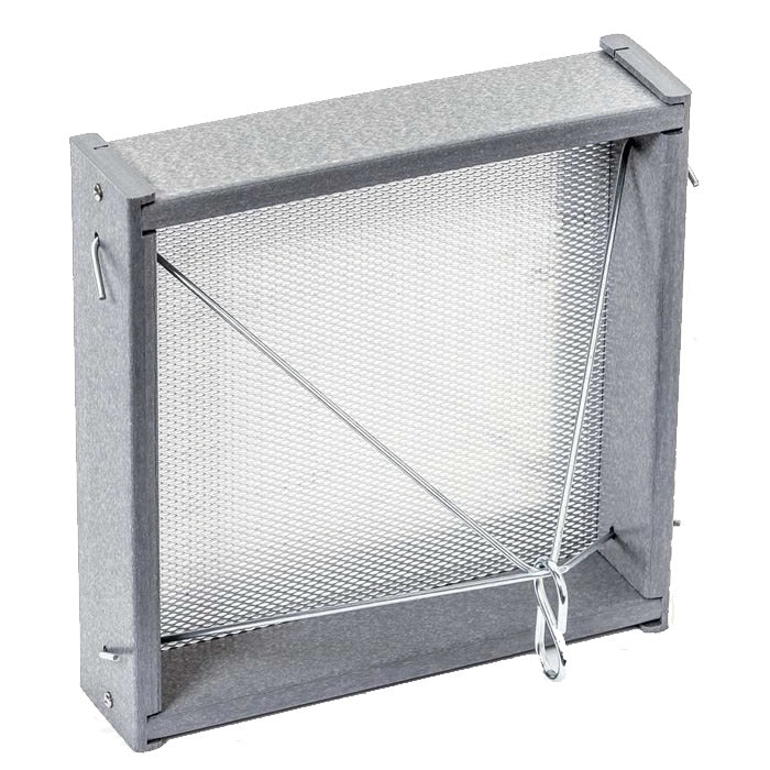 Small Hanging Platform Bird Feeder, Gray, with heavy-duty steel rod hangers and a durable metal mesh tray for drainage, designed to attract various songbirds.