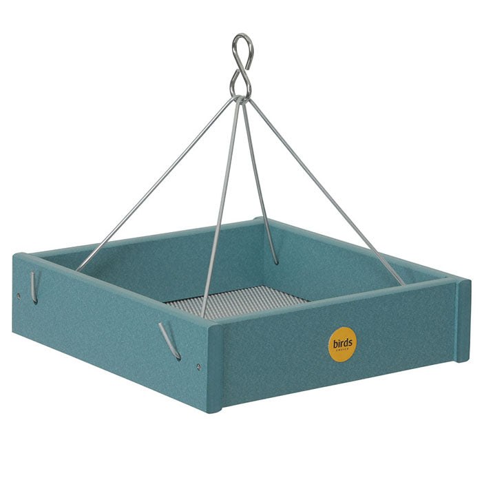 Small Hanging Platform Bird Feeder with mesh screen, stainless steel rods, and a durable tray, designed to attract various songbirds.