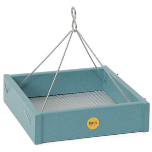 Small Hanging Platform Bird Feeder with wire attachment, featuring a wide open platform, stainless steel hanging rods, and durable perforated steel tray for excellent drainage.