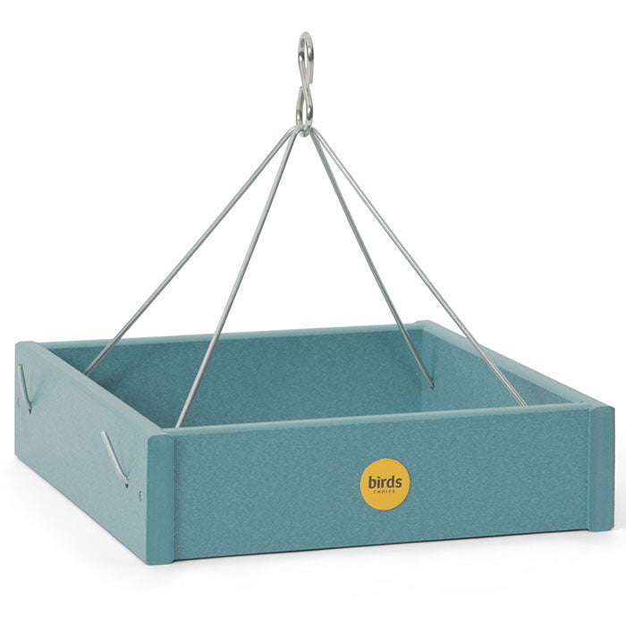 Small Hanging Platform Bird Feeder with metal hook, blue recycled plastic, and stainless steel rods, ideal for attracting various songbirds. Features durable design and excellent drainage.