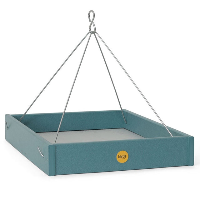 Hanging Platform Bird Feeder, Lake Blue, featuring a durable perforated tray, stainless steel hanging rods, and made from recycled plastic for attracting various birds.