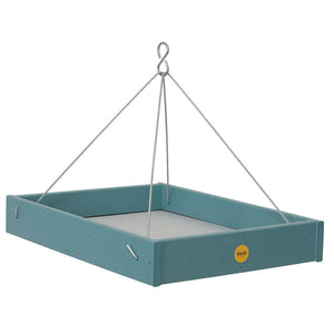 Hanging Platform Bird Feeder with stainless steel rods, durable perforated tray, and open design for drainage, made from lake blue recycled plastic.