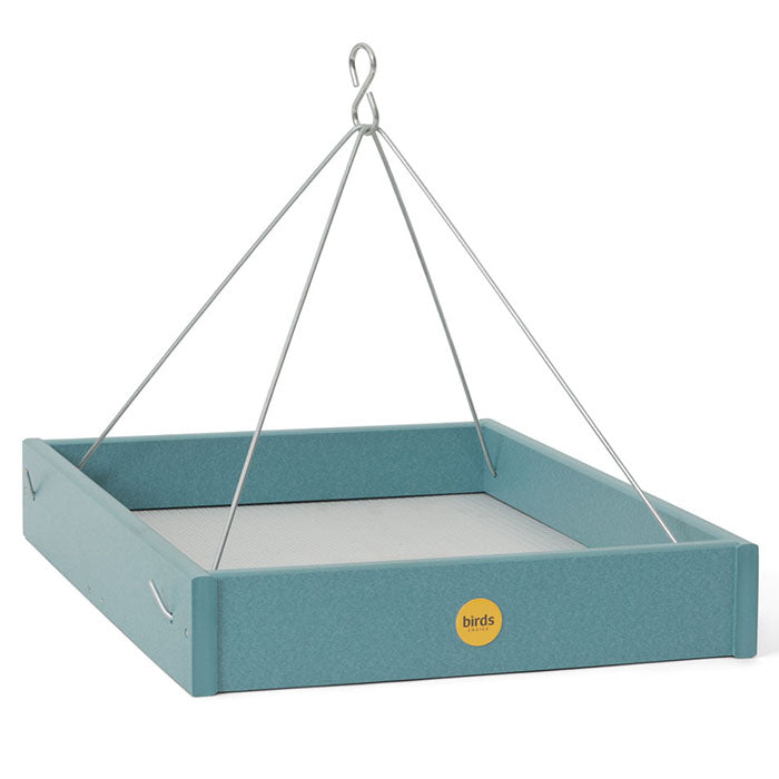 Hanging Platform Bird Feeder, Lake Blue, with stainless steel rods and a perforated tray for durability and drainage, designed to attract a variety of birds.