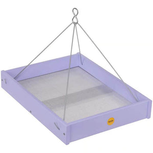 Hanging Platform Bird Feeder with a wire mesh tray and stainless steel hanging rods, designed for durability and bird attraction.