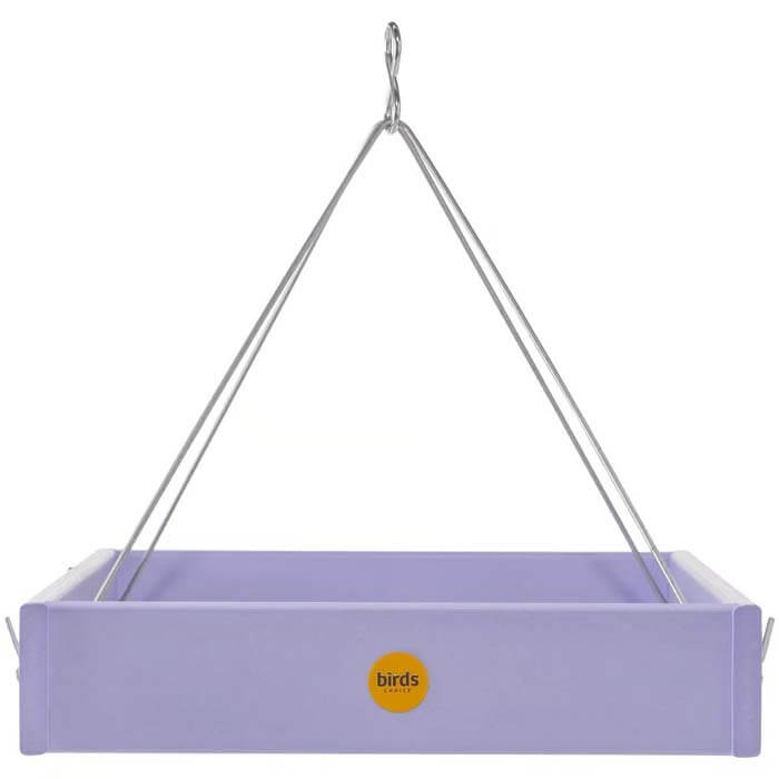 Hanging Platform Bird Feeder, Purple, with a wide open platform and stainless steel rods, designed for durability and attracting diverse songbirds.