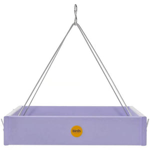 Hanging Platform Bird Feeder, Purple, with a wide open platform and stainless steel rods, designed for durability and attracting diverse songbirds.