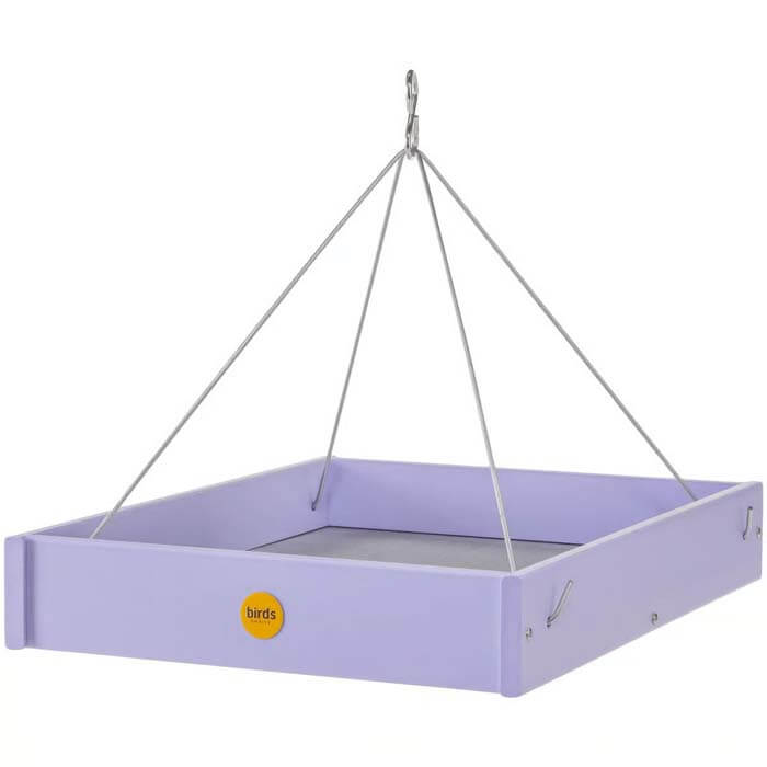 Hanging Platform Bird Feeder with metal chain and hook, featuring a perforated tray and durable stainless steel rods for optimal bird feeding.