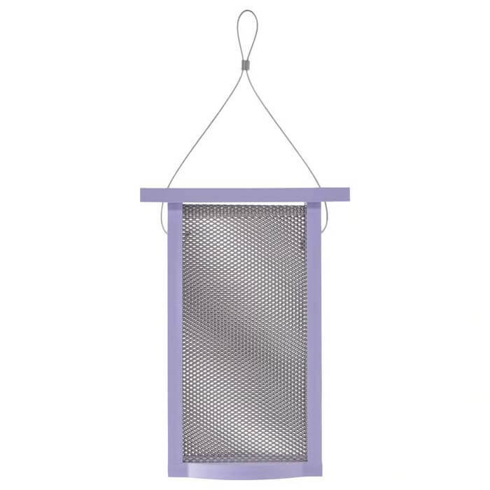 Tall Finch Feeder, Purple, made from recycled plastic with a wire mesh screen, designed to hold 1.2 lbs of nyjer seed for finches.