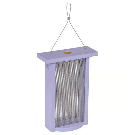 Tall Finch Feeder, Purple: a rectangular feeder with a mesh screen and wire, designed to hold 1.2 lbs. of seed, easy to clean and maintain.