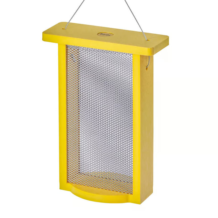 Tall Finch Bird Feeder in yellow recycled plastic with steel mesh for holding Nyjer seeds, featuring a flat surface for multiple birds to feed simultaneously.