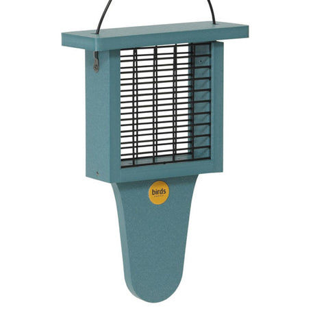 Bird feeder with a cage design, featuring a tail prop for a single suet cake, ideal for bird watchers.